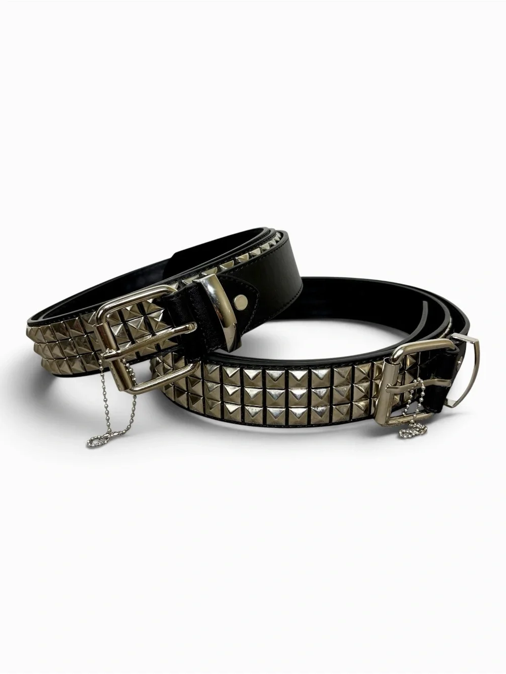 foolsGold Black Pyramid Stud Leather Belt with Silver Buckle- 4XL